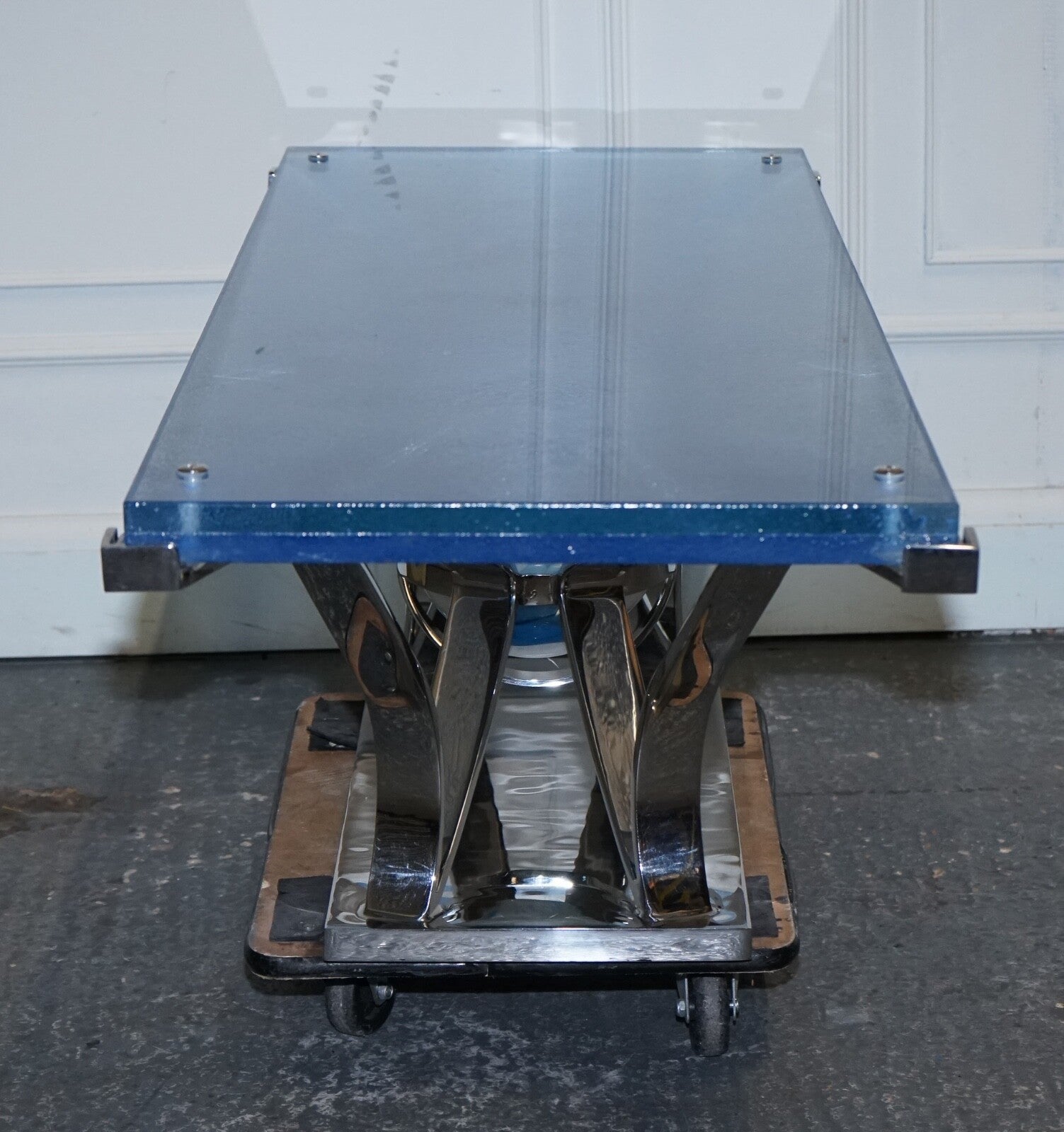 RARE CUSTOM HAND MADE GLASS MARINE GRADE STAINLESS STEEL COFFEE TABLE BY SOLIART