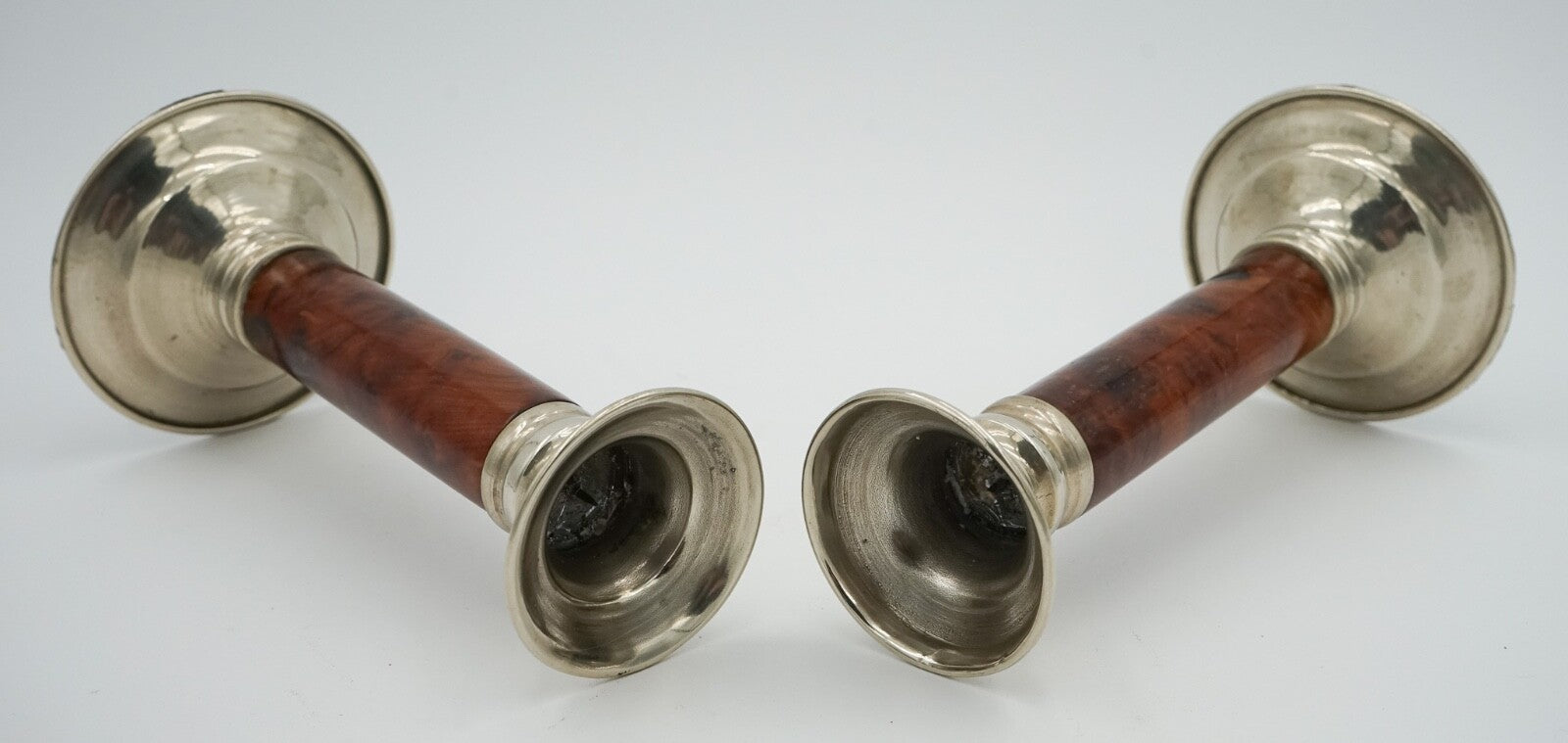 PAIR OF LOVELY DECORATIVE ART DECO BURR WALNUT CANDLESTICKS