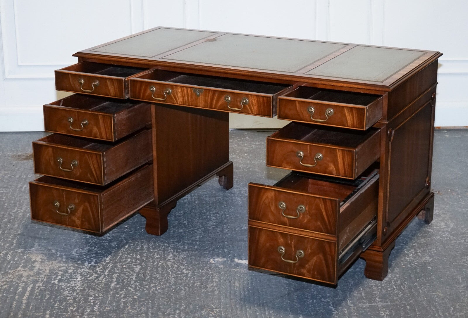 VINTAGE BEVAN FUNNELL SAGE BLUE GOLD EMBOSSED LEATHER TOP PEDESTAL DESK