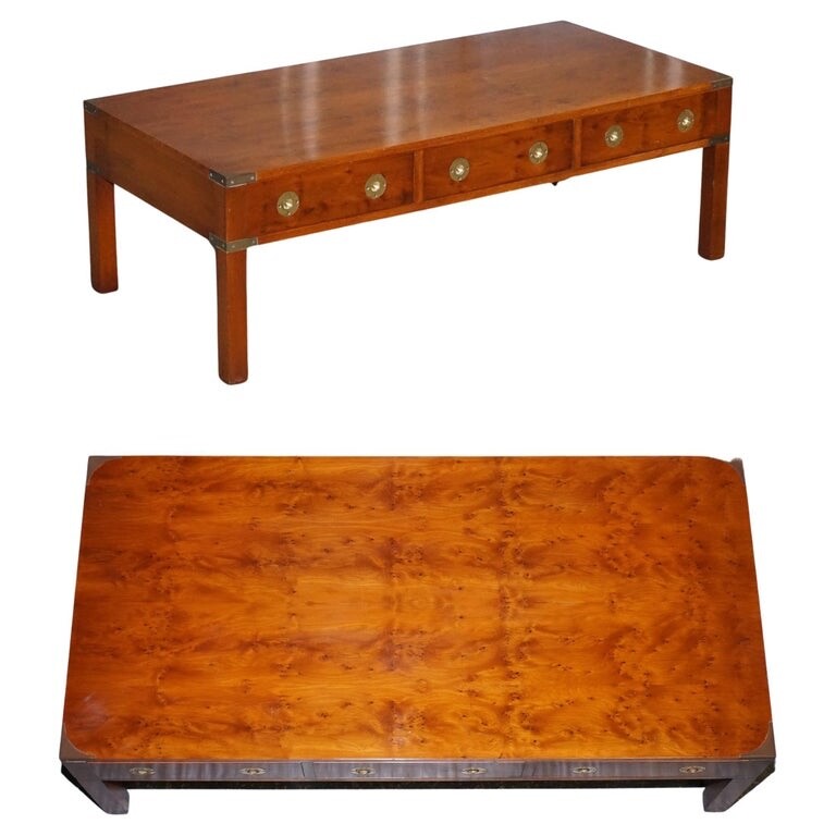 RESTORED BURR YEW & ELM BRASS MILITARY CAMPAIGN 3 DRAWER COFFEE TABLE