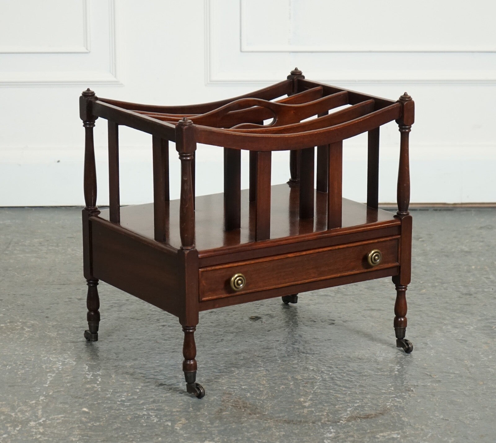 VINTAGE MAHOGANY CANTERBURY NEWSPAPER RACK WITH BRASS HANDLES