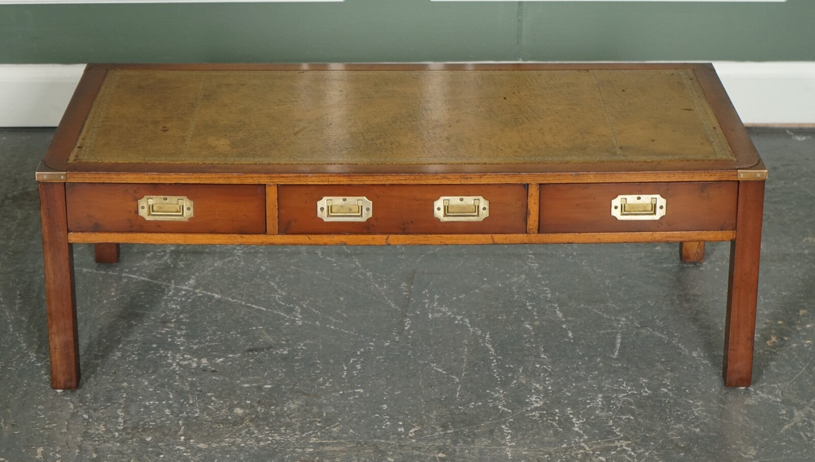 VINTAGE YEW WOOD MILITARY CAMPAIGN COFFEE TABLE WITH EMBOSSED LEATHER