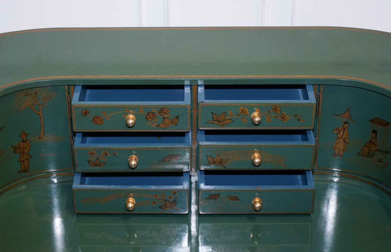 ORIENTAL CHINOISERIE GREEN & GOLD CARLTON DESK WITH MATCHING ARMCHAIR
