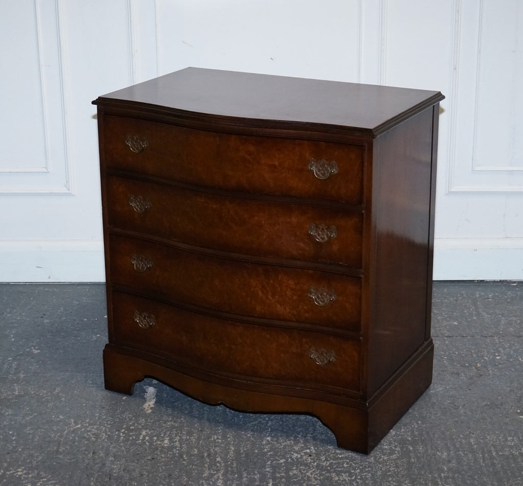 LATE 20TH CENTURY BURR WALNUT CHEST OF DRAWERS WITH BRASS HANDLES