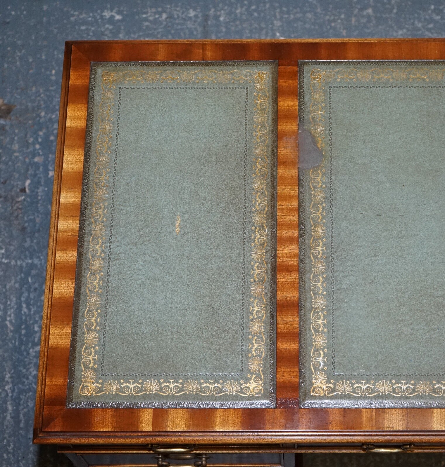 VINTAGE BEVAN FUNNELL SAGE BLUE GOLD EMBOSSED LEATHER TOP PEDESTAL DESK