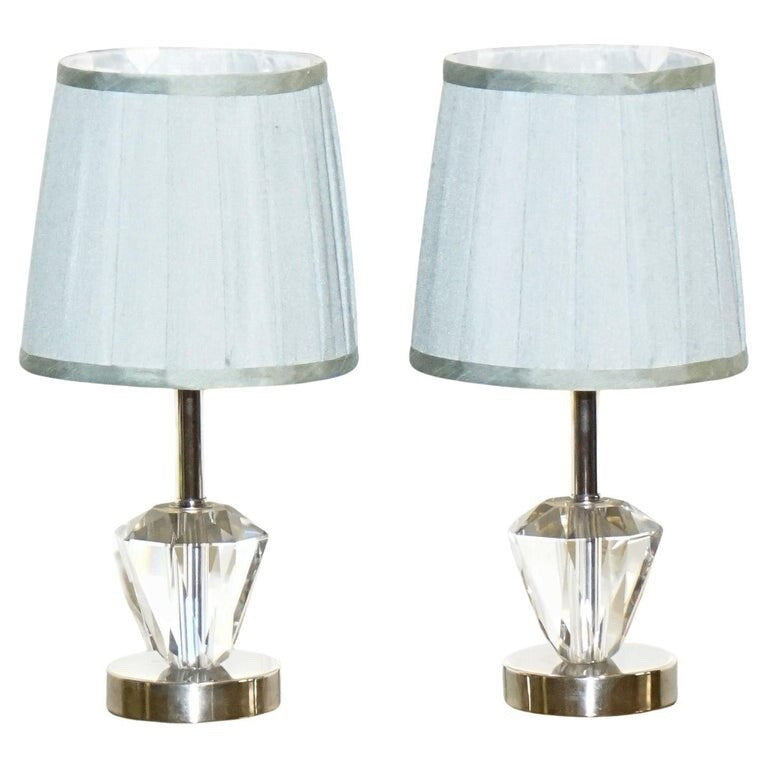LOVELY PAIR OF DIAMOND GLASS DESIGN ON STAINLESS STEEL BASE BABY BLUE SHADES