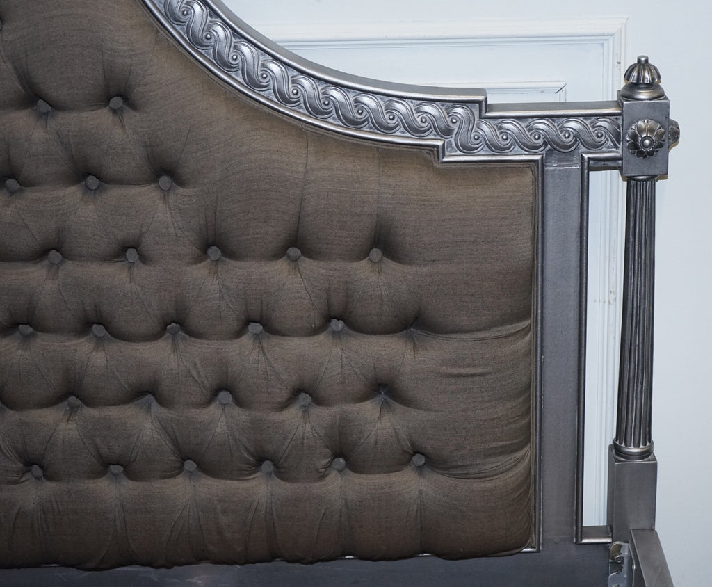 BEAUTIFUL FRENCH SILVER FRAME BUTTON BACKED KING SIZE WOODEN BED FRAME