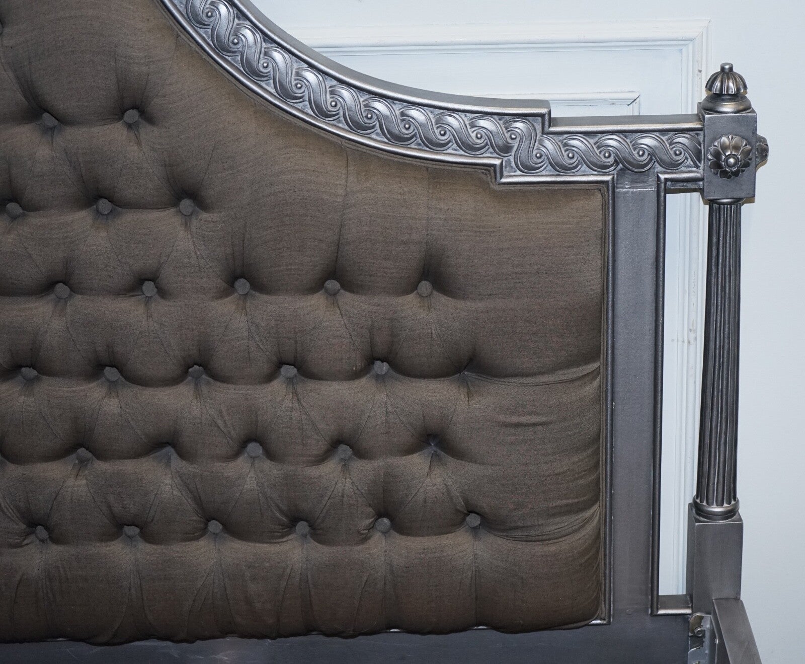 BEAUTIFUL FRENCH SILVER FRAME BUTTON BACKED KING SIZE WOODEN BED FRAME