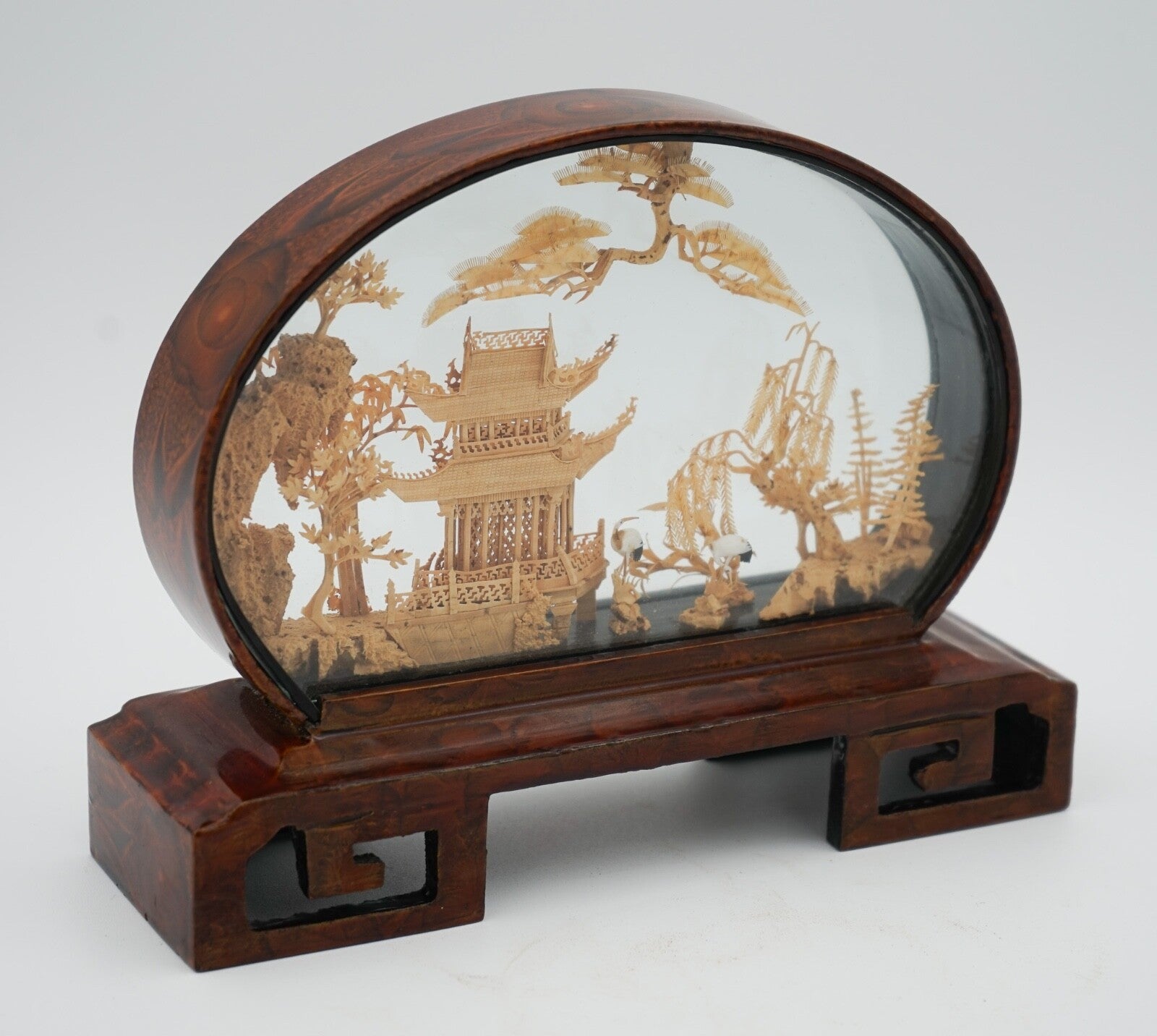 FRAMED CHINESE ORIENTAL CARVED CORK DIORAMA DISPLAY SCULPTURE VERY DECORATIVE