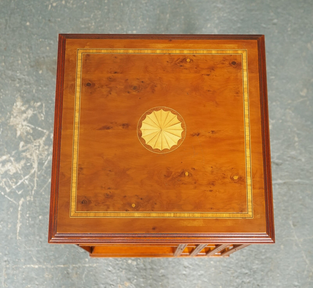 STUNNING BURR WALNUT SHERATON REVIVAL INLAID REVOLVING BOOKCASE END TABLE