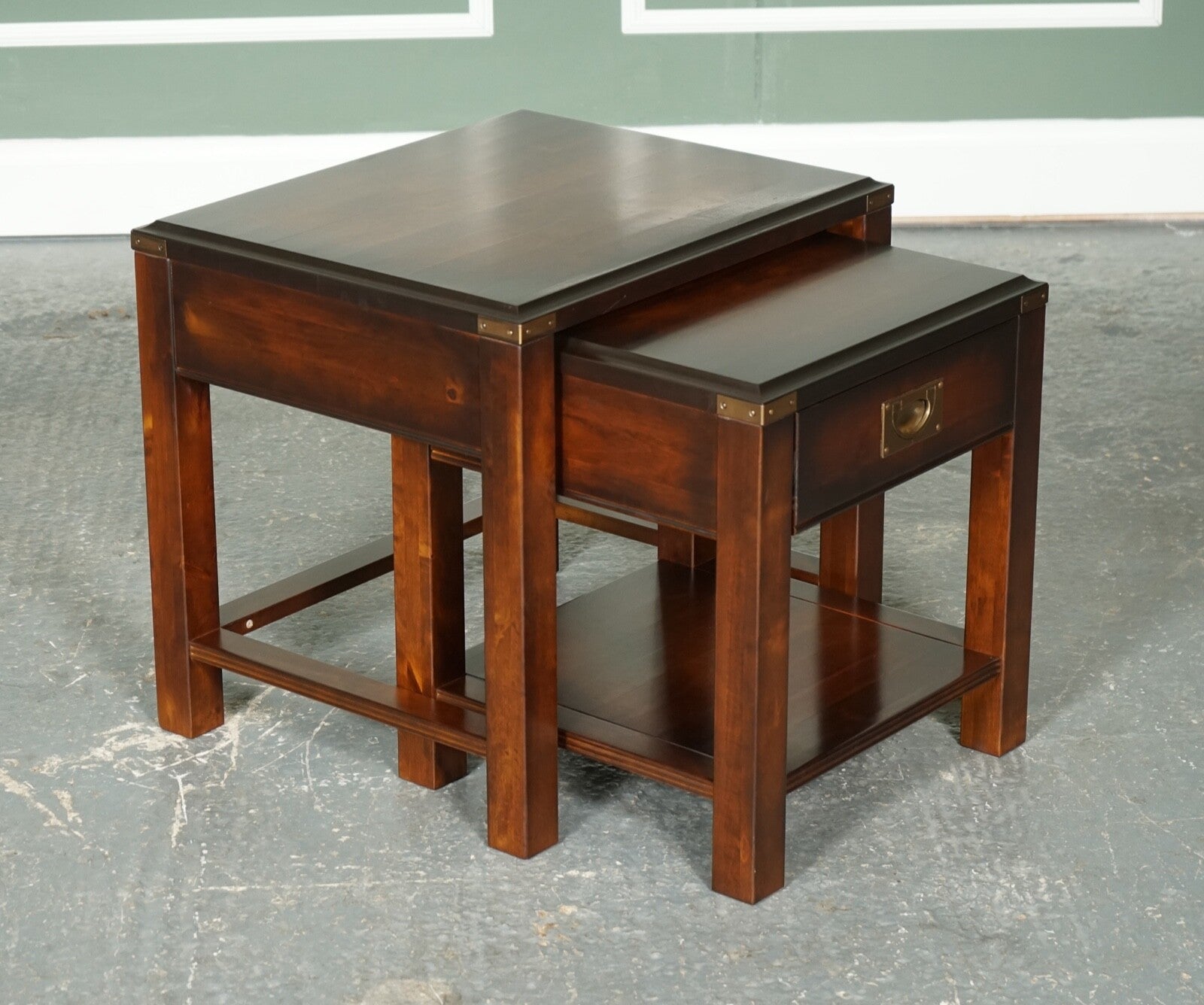 VINTAGE MAHOGANY & BRASS MILITARY CAMPAIGN NEST OF TABLES WITH DRAWER