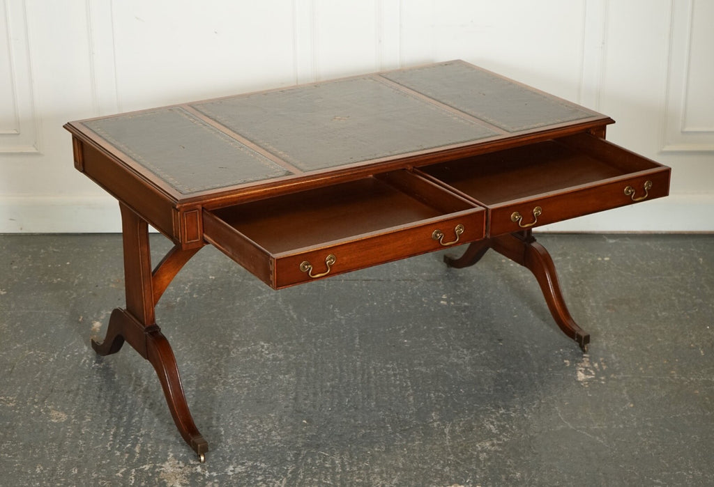 BEVAN FUNNEL REGENCY STYLE TWO DRAWERS WRITING OFFICE DESK TABLE GREEN LEATHER