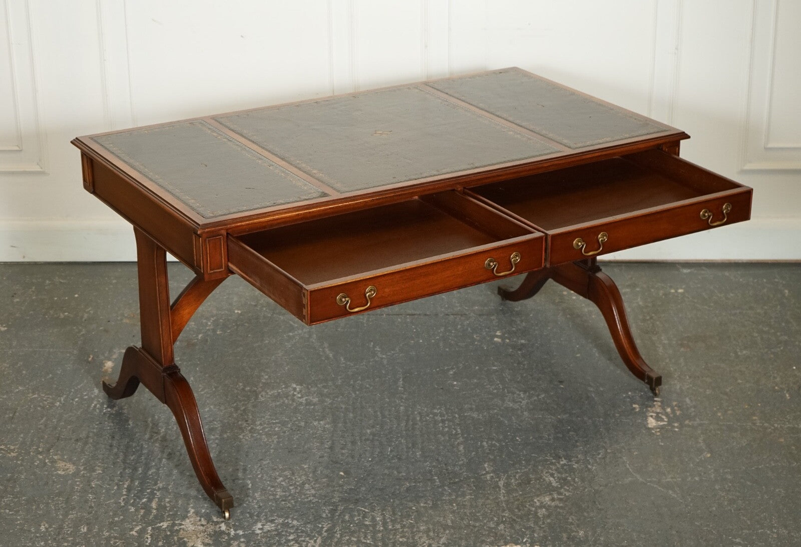 BEVAN FUNNEL REGENCY STYLE TWO DRAWERS WRITING OFFICE DESK TABLE GREEN LEATHER