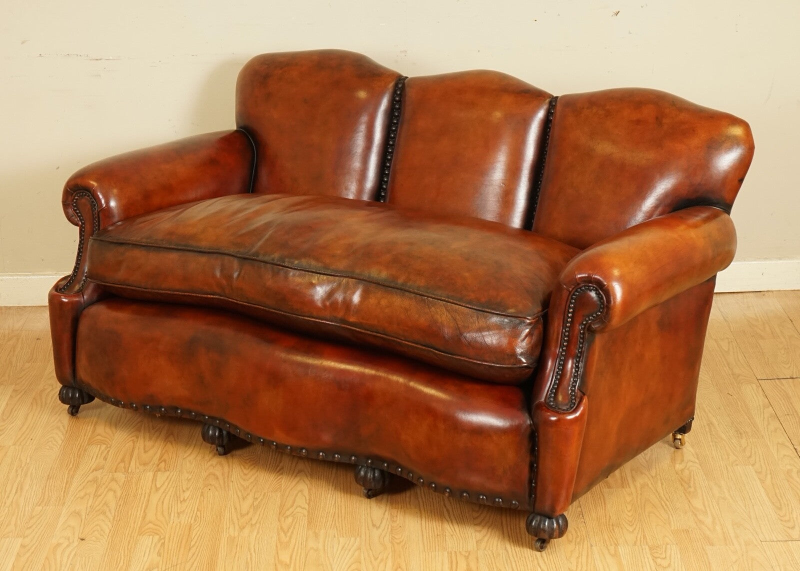 FULLY RESTORED HAND DYED WHISKY BROWN EDWARDIAN SOFA WITH FEATHER FILLED CUSHION