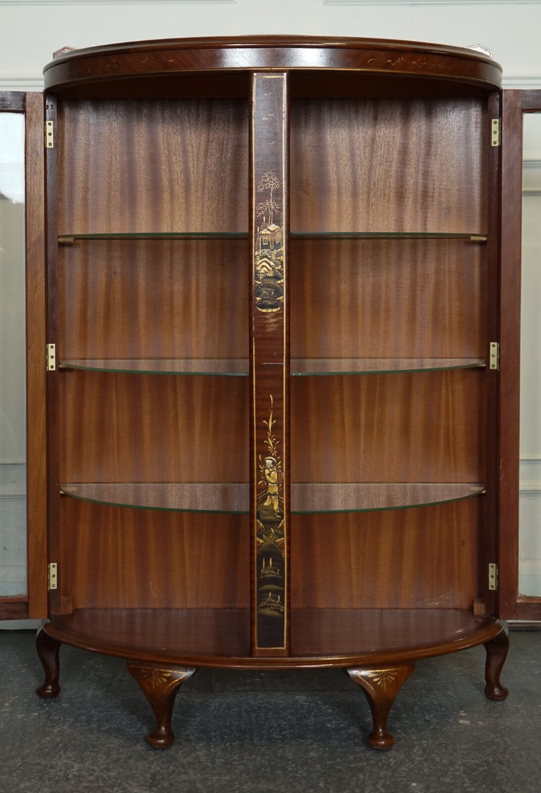 ORIENTAL CHINESE DWARF BOW FRONT DISPLAY CABINET WITH GLASS SHELVES
