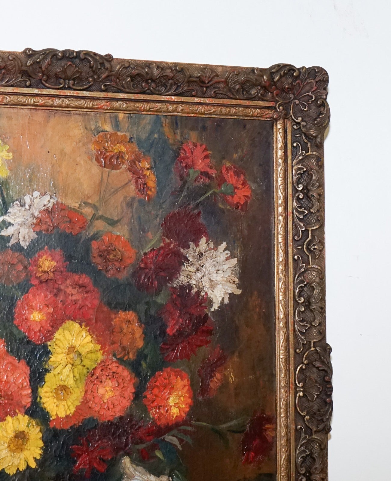 STILL LIFE PAINTING FLORAL BOUQUET GILTED FRAME SIGNED RUSSEL WHITE 1953