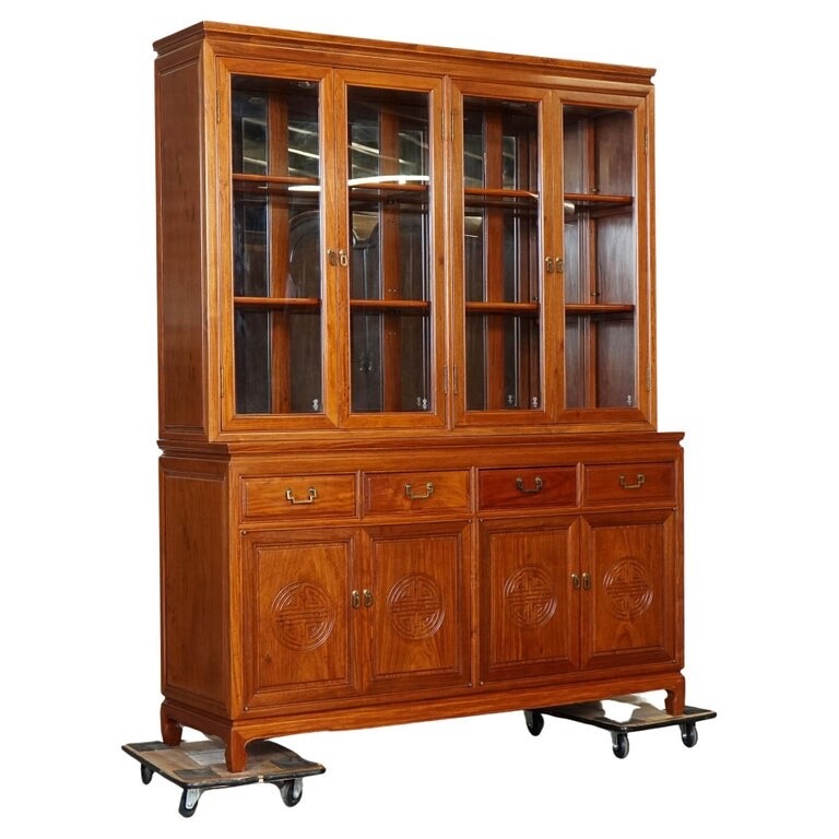 LARGE VINTAGE ORIENTAL CHINESE CARVED SOLID HARDWOOD BOOKCASE DISPLAY CABINET