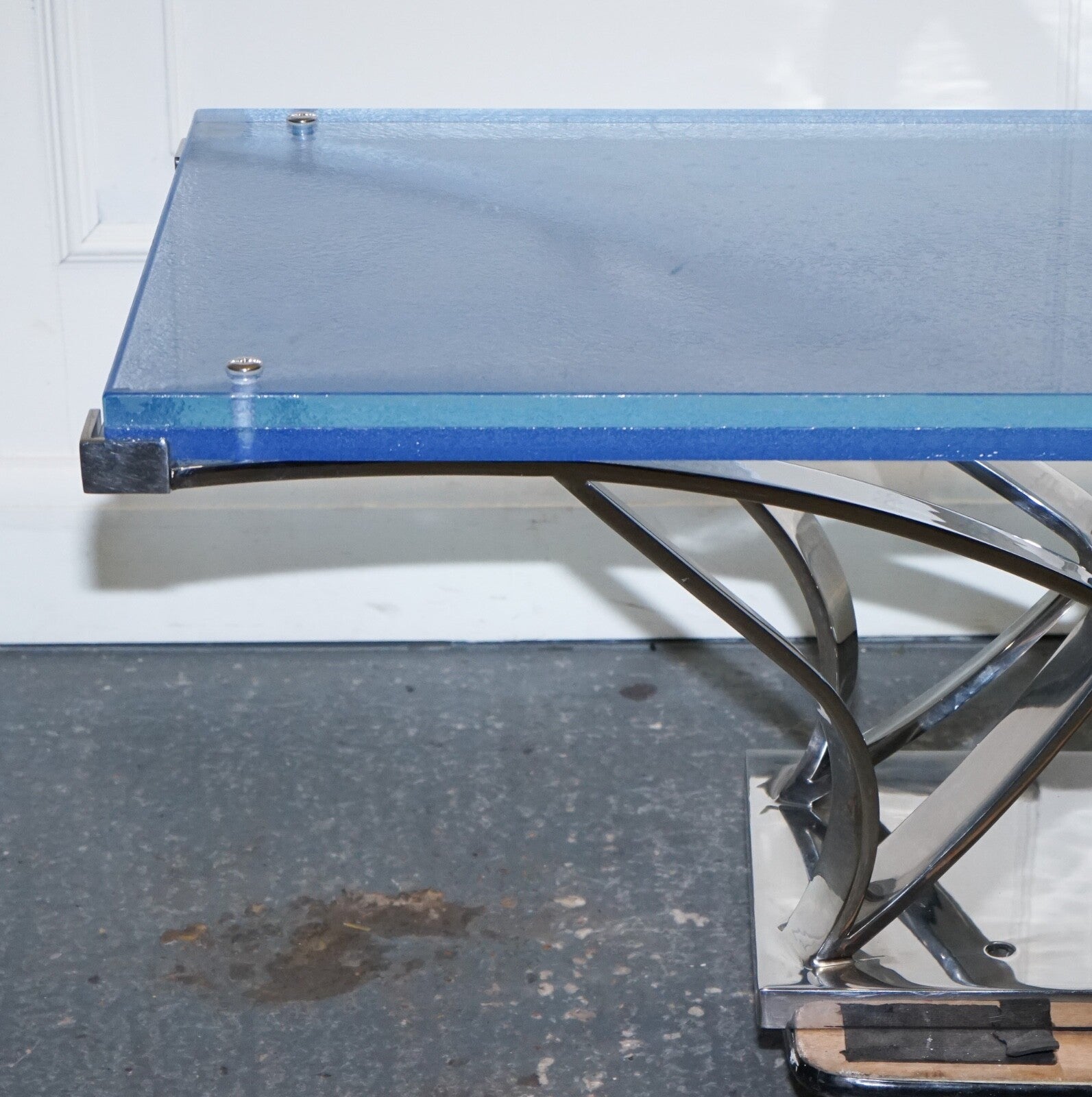 RARE CUSTOM HAND MADE GLASS MARINE GRADE STAINLESS STEEL COFFEE TABLE BY SOLIART