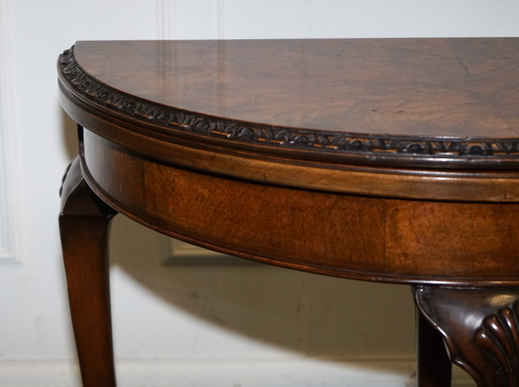 ANTIQUE BURR WALNUT DEMI LUNE CARD GAMES SIDE OCCASIONAL TABLE