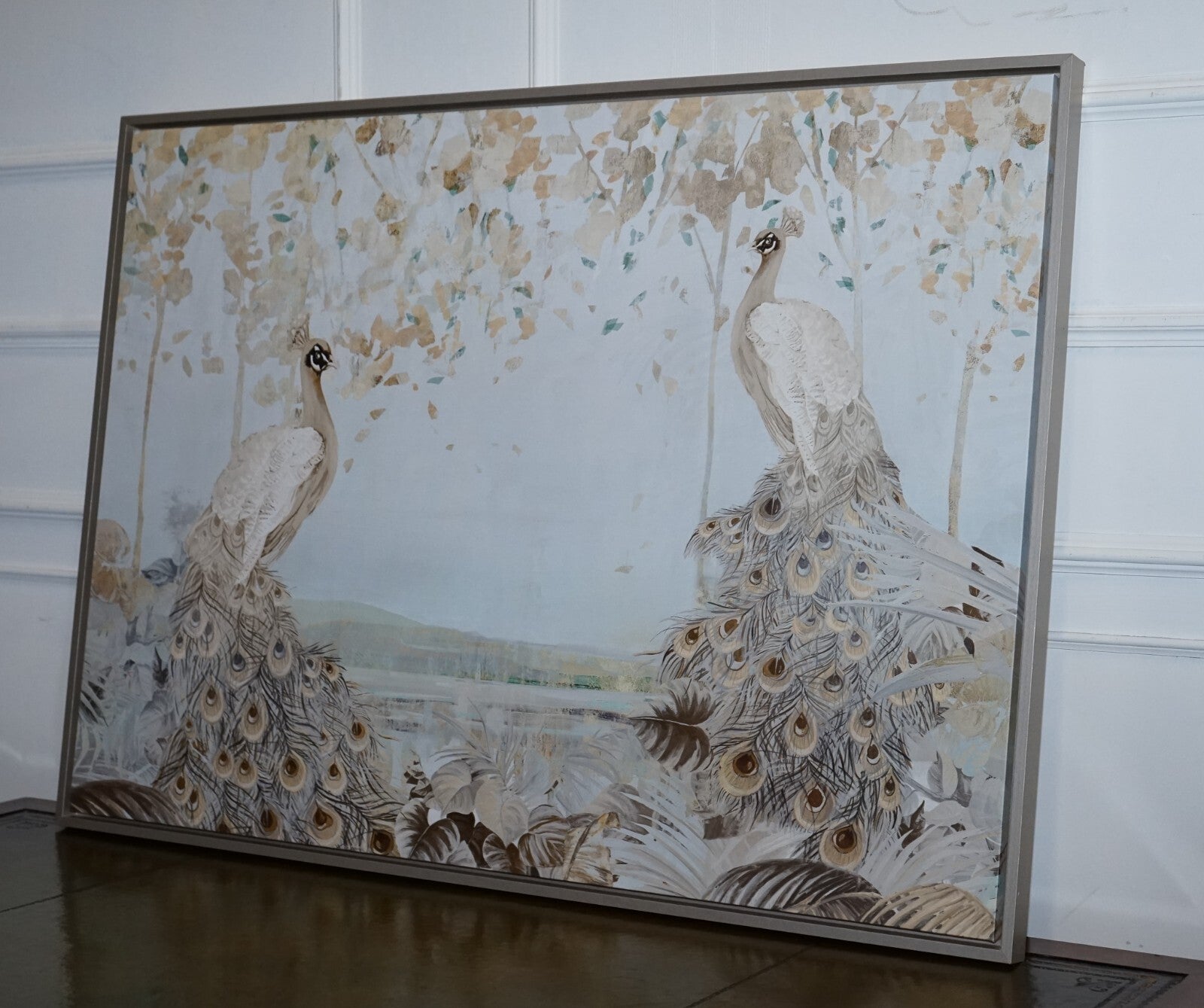 LOVELY SPLENDER FOREST TWO PEACOCKS FRAMED CANVAS ART PRINT