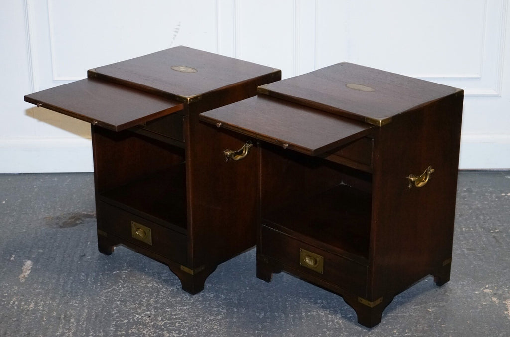 PAIR OF MILITARY CAMPAIGN BEVAN FUNELL BEDSIDE TABLES NIGHTSTANDS TWO DRAWERS