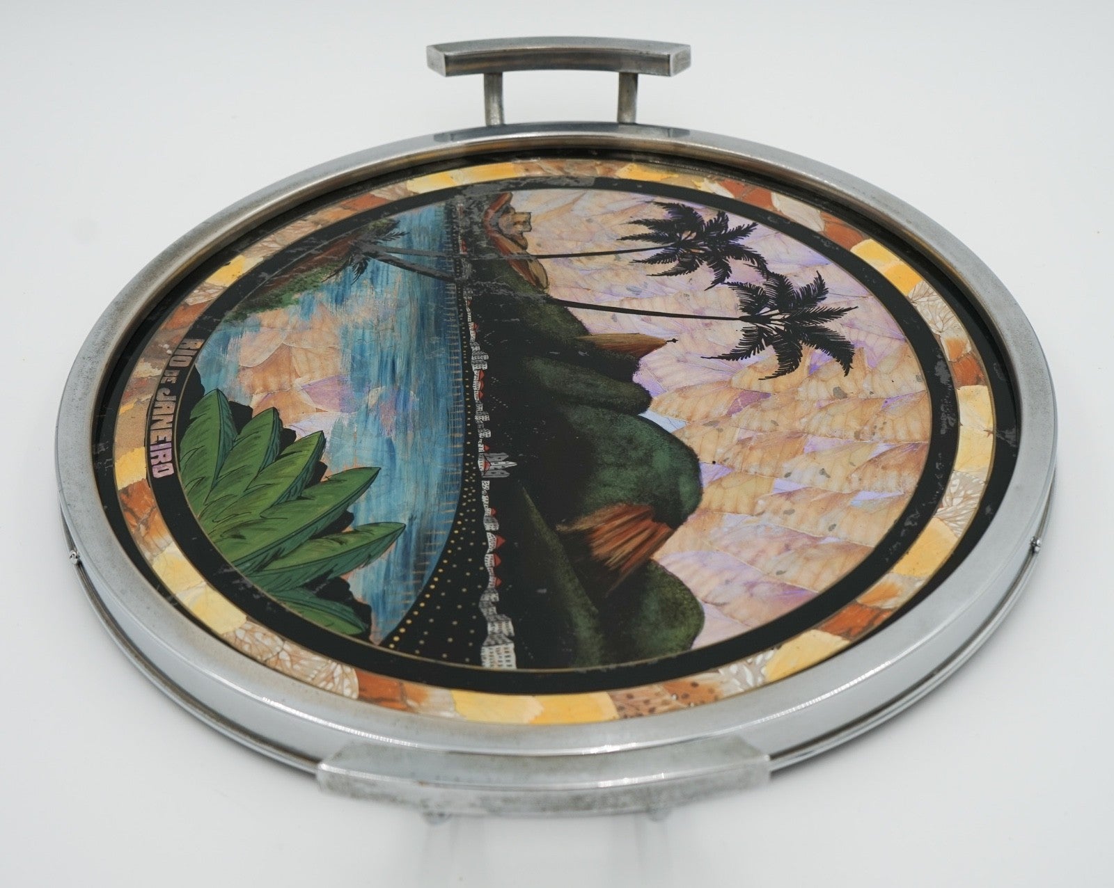 VINTAGE CIRCULAR BRAZILIAN RIO DE JANEIRO METAL TRAY REAL MORPHO BUTTERFLY WINGS