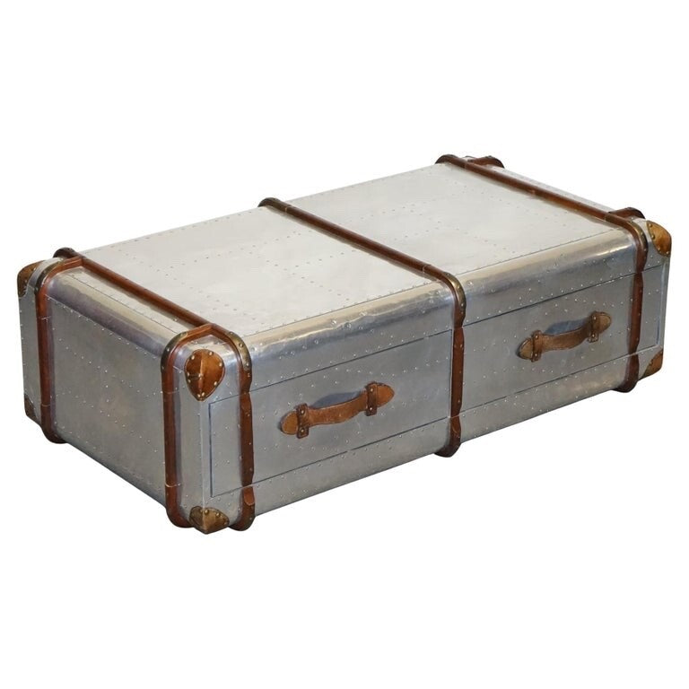 VINTAGE TIMOTHY OULTON AVIATOR INDUSTRIAL SILVER COFFEE TABLE LEATHER DETAILS