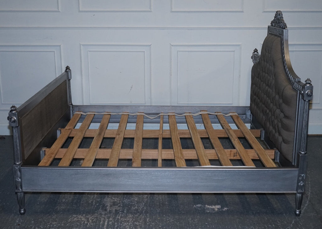 BEAUTIFUL FRENCH SILVER FRAME BUTTON BACKED KING SIZE WOODEN BED FRAME
