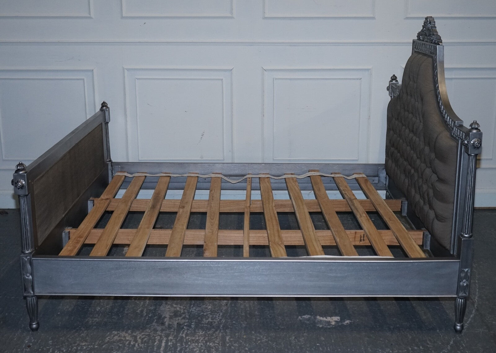 BEAUTIFUL FRENCH SILVER FRAME BUTTON BACKED KING SIZE WOODEN BED FRAME