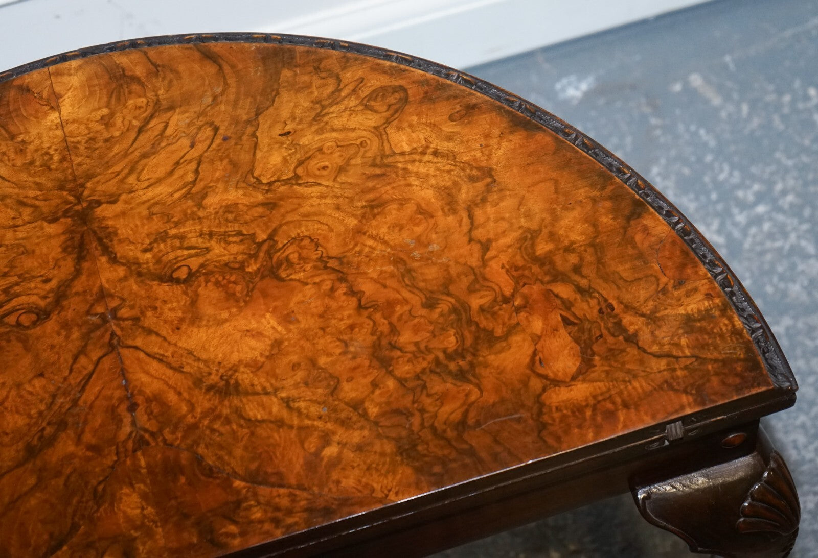 ANTIQUE BURR WALNUT DEMI LUNE CARD GAMES SIDE OCCASIONAL TABLE