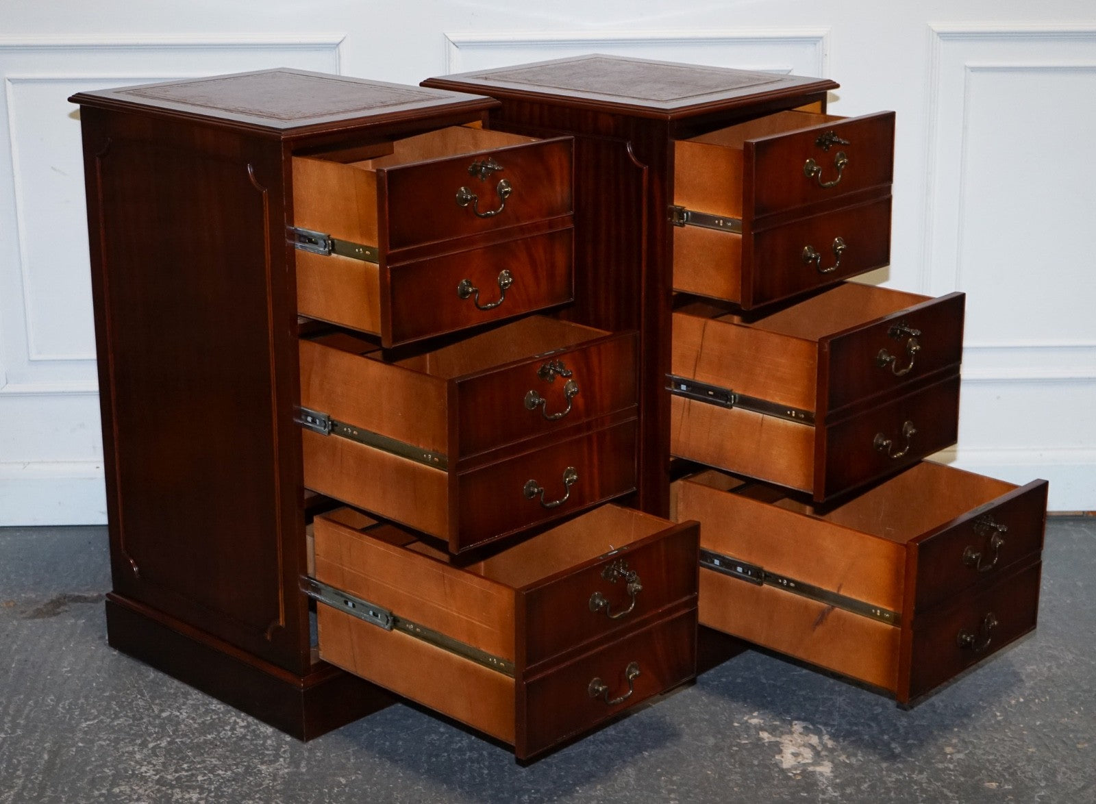 PAIR OF FILLING CABINETS BURGUNDY LEATHER GOLD EMBOSSED TOP 3 SPACIOUS DRAWERS