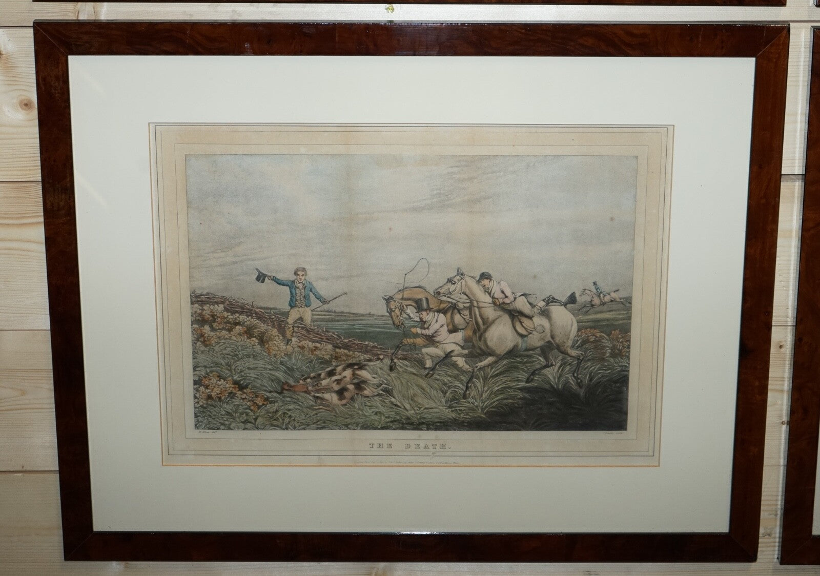SET OF FOUR PRINTS BURR WALNUT FRAMES IN THE MANNER OF HENRY THOMAS ALKEN
