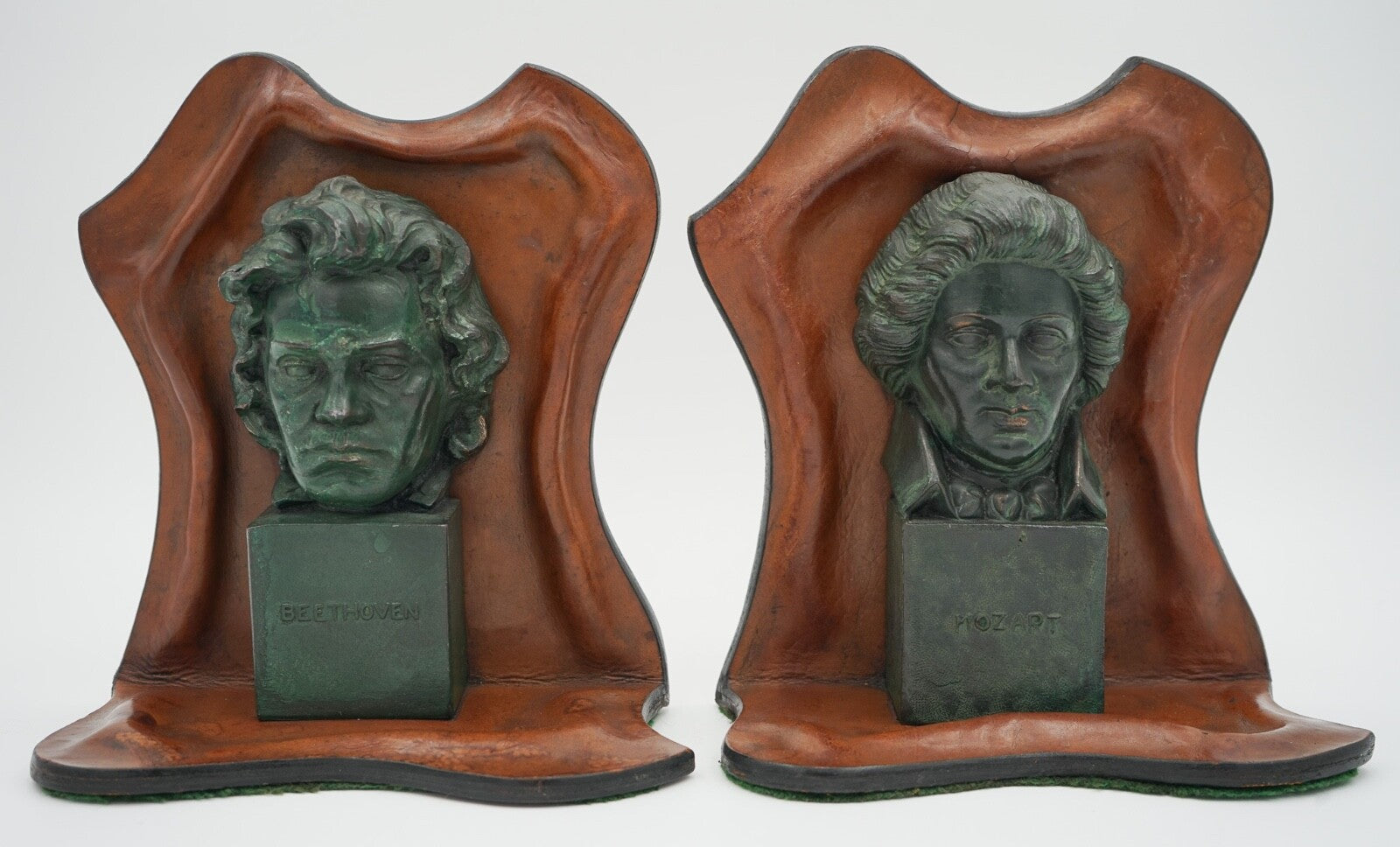 VERY RARE MOZART AND BEETHOVEN LEATHER BOOKENDS WITH LOVELY PATINA