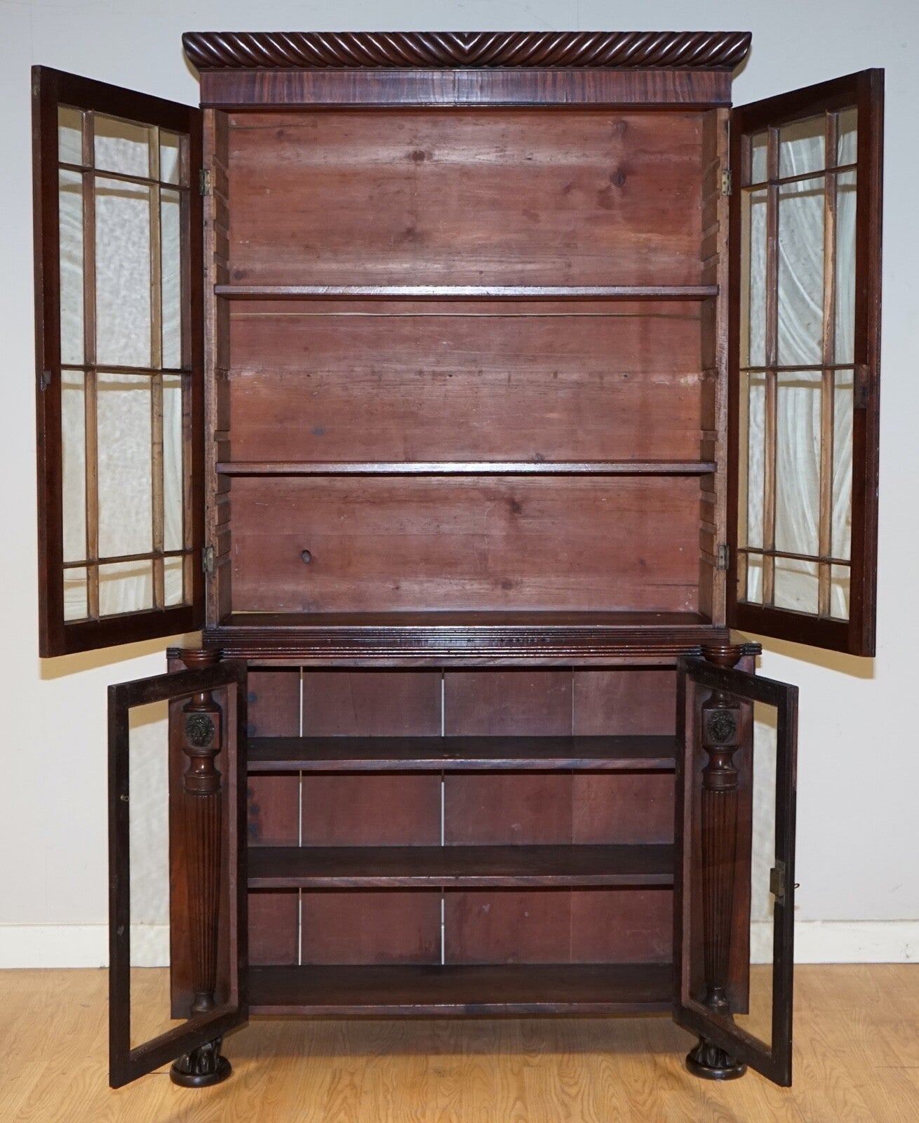 VICTORIAN MAHOGANY BOOKCASE WITH LION MASK CLAW FEET GLAZED DOORS