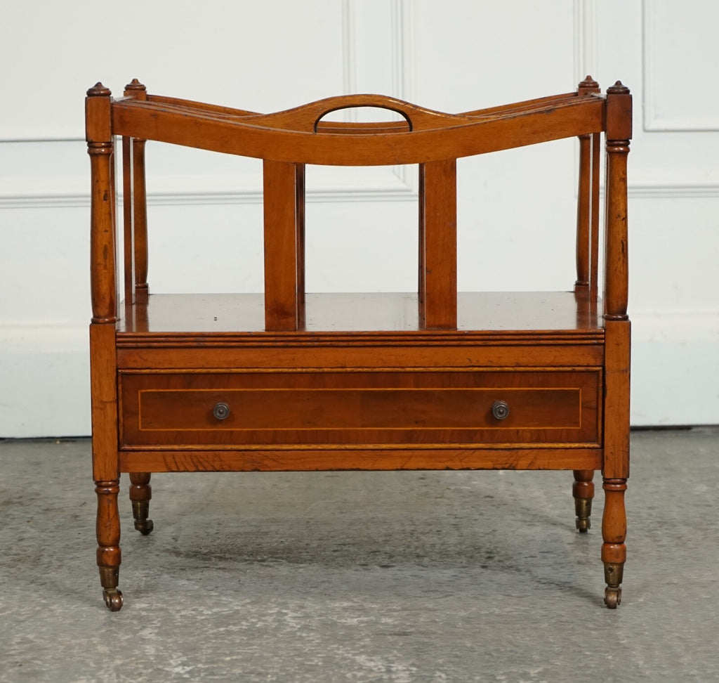 VINTAGE WALNUT CANTERBURY NEWSPAPER RACK WITH BRASS HANDLES J1