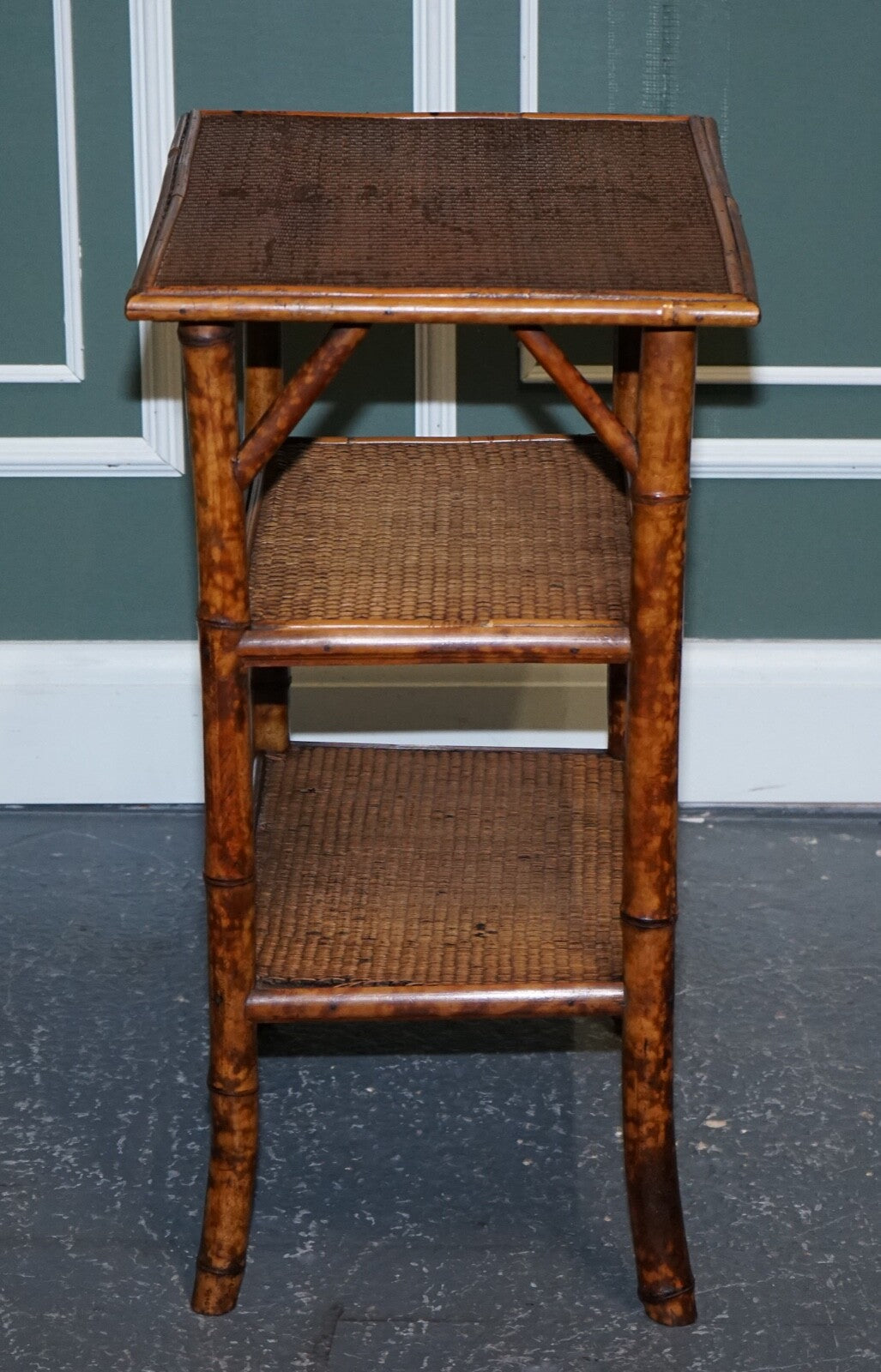 ANTIQUE ENGLISH BURNT BAMBOO THREE TIER SIDE END LAMP TABLE