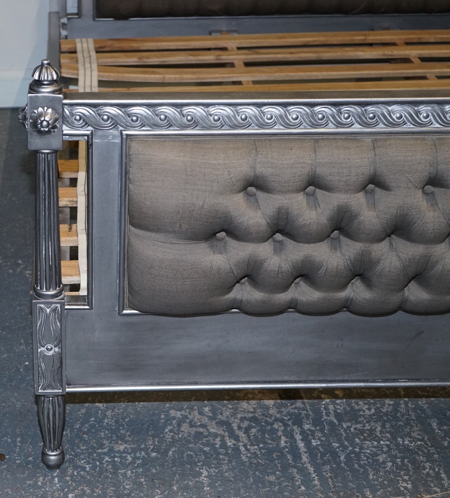 BEAUTIFUL FRENCH SILVER FRAME BUTTON BACKED KING SIZE WOODEN BED FRAME