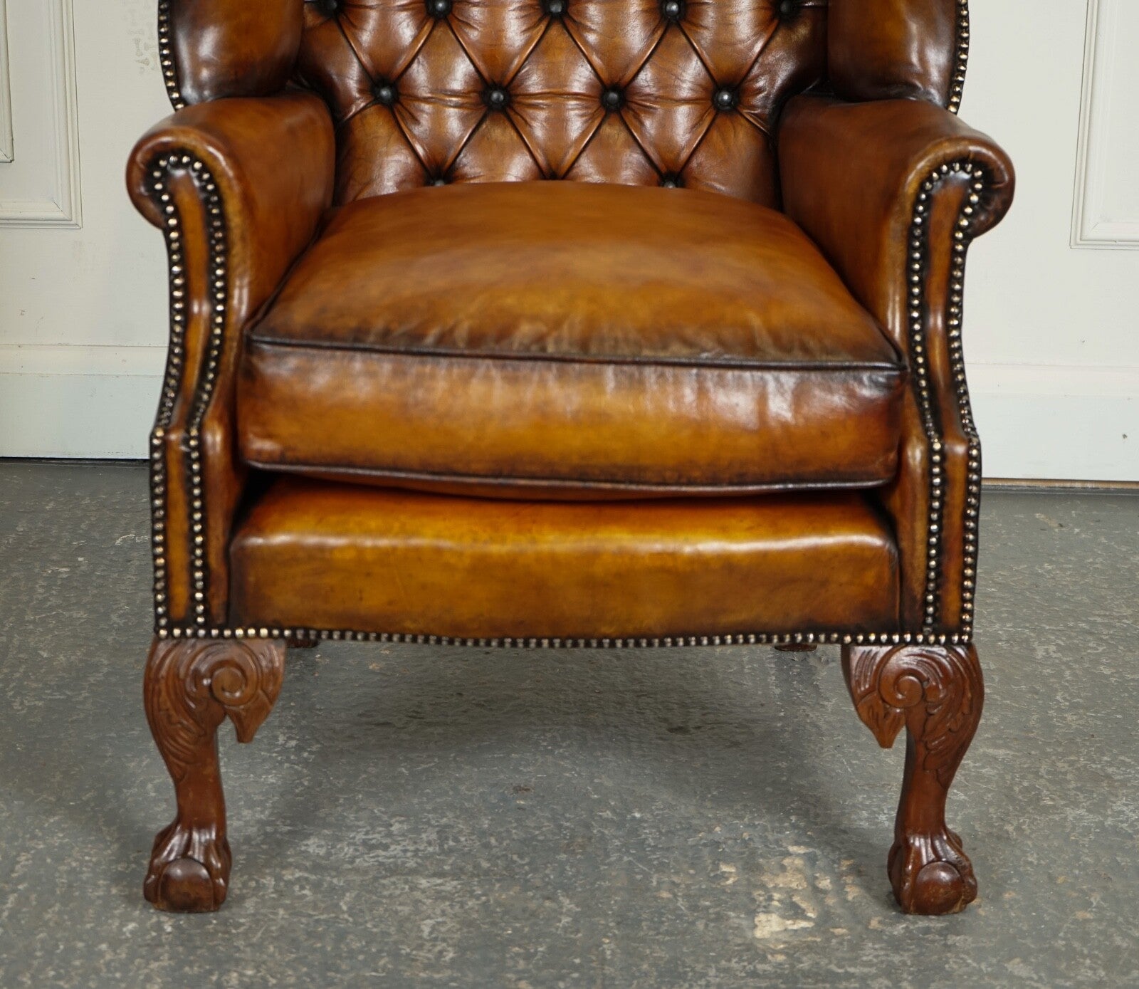 RESTORED PAIR OF HAND DYED BROWN LEATHER CHESTERFiELD WINGBACK ARMCHAIRS