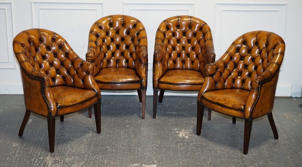 SET OF FOUR ENGLISH CHESTERFIELD HAND DYED LEATHER OFFICE LIBRARY TUB CHAIRS