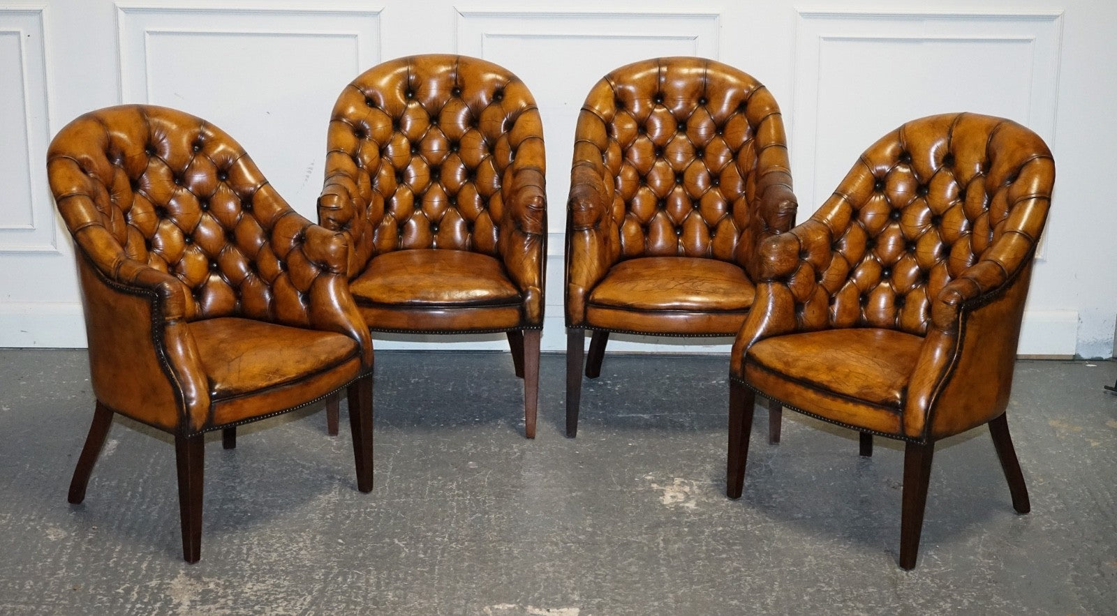 SET OF FOUR ENGLISH CHESTERFIELD HAND DYED LEATHER OFFICE LIBRARY TUB CHAIRS