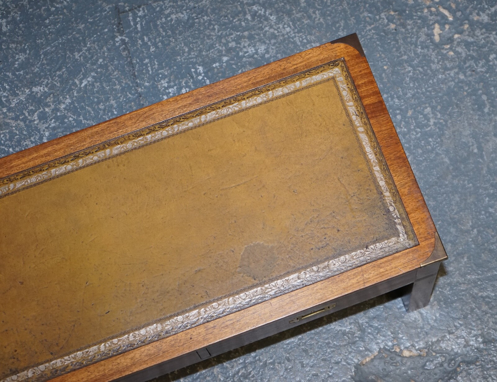 HARRODS LONDON KENNEDY MILITARY CAMPAIGN COFFEE TABLE WITH BROWN LEATHER TOP