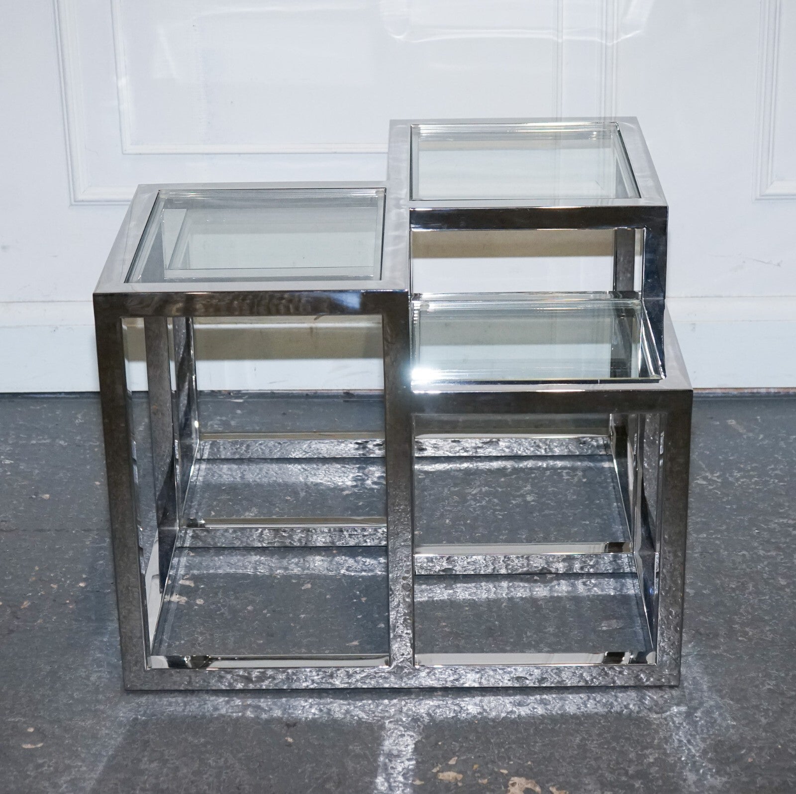 PAIR OF CASA PADRINO ART DECO STYLE GLASS POLISHED STAINLESS STEEL SIDE TABLES