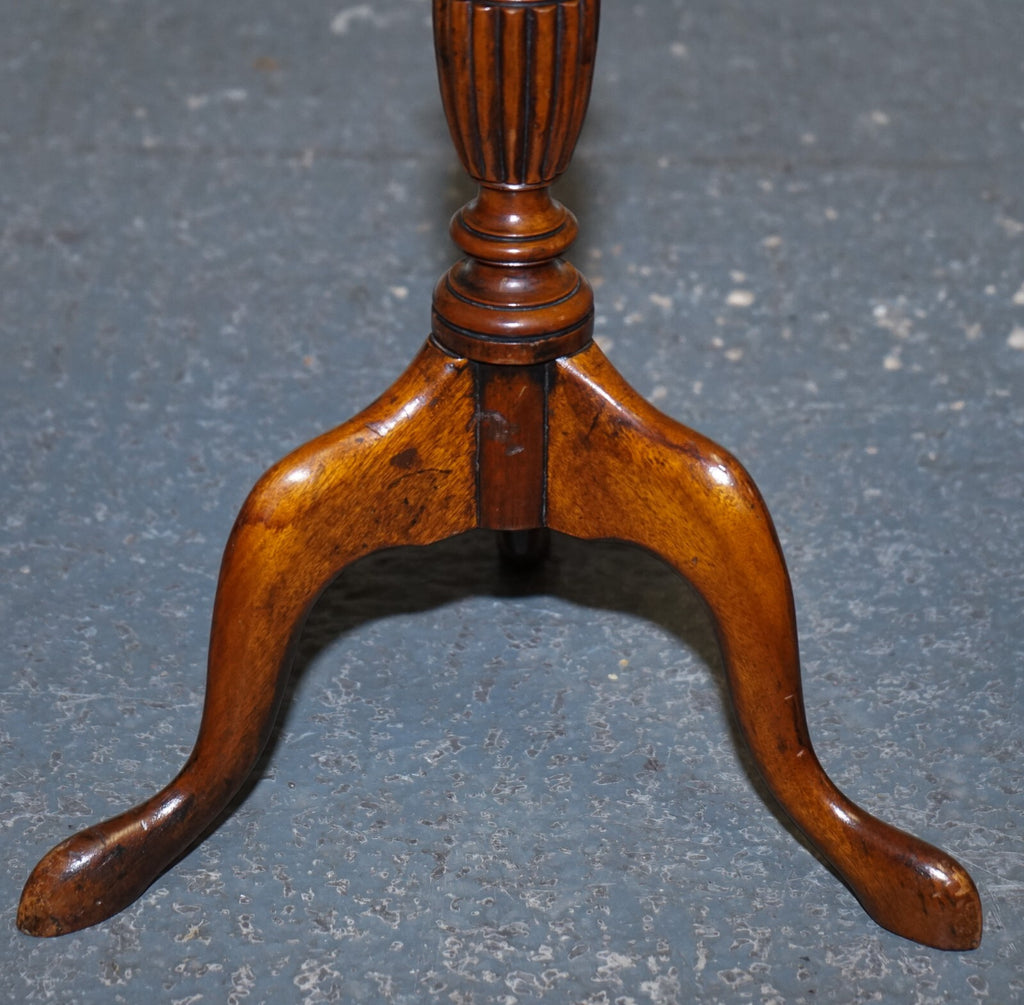 ANTIQUE 1920's MATCHED BROWN LEATHER TOP PAIR OF WINE END SIDE TABLE TRIPOD BASE