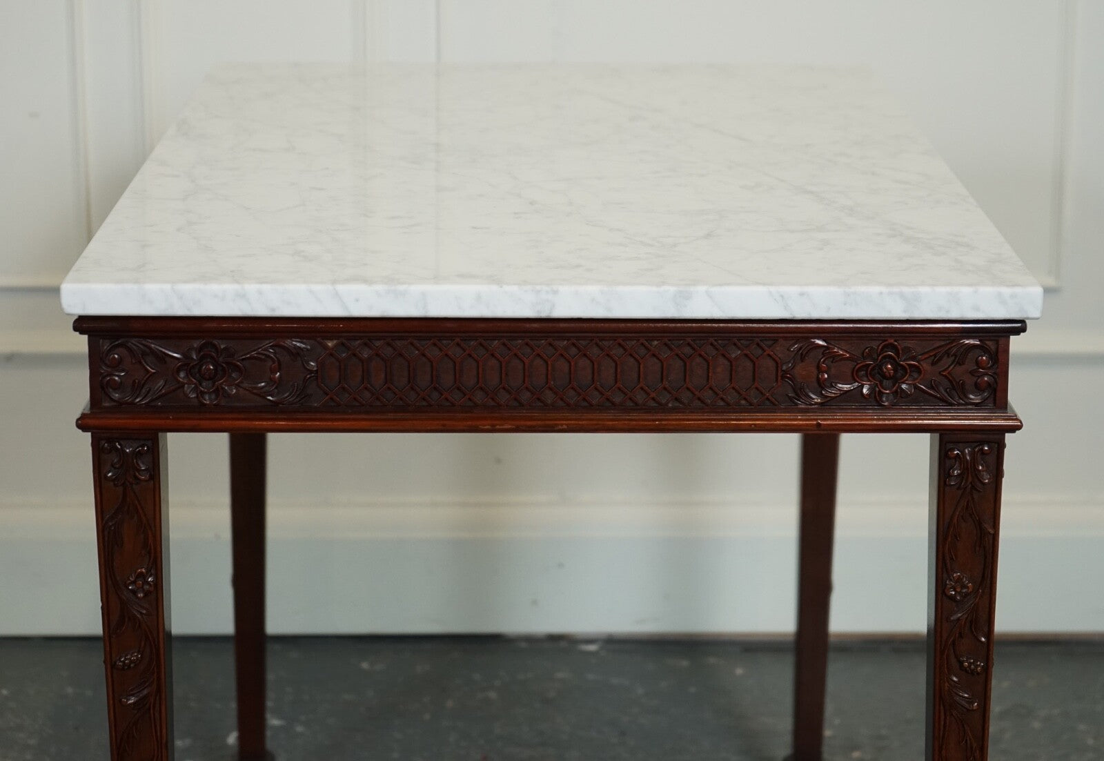 PAIR OF CHIPPENDALE STYLE CONSOLE TABLES WITH NEW WHITE CARRARA MARBLE TOPS