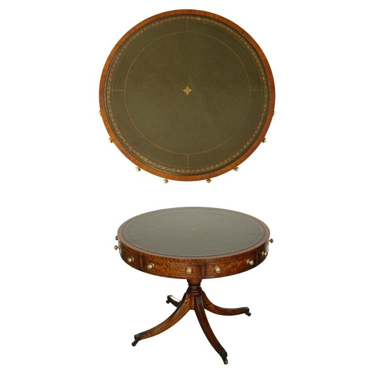 FINE RESTORED REGENCY STYLE DRUM TOP LIBRARY TABLE WITH AGED GREEN LEATHER TOP