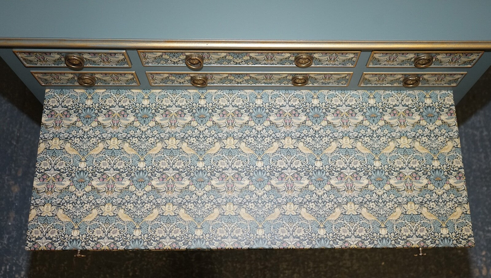 EUCALYPTUS GREEN & GOLD CONSOLE TABLE SIDEBOARD STRAWBERRY THIEF WILLIAM MORRIS