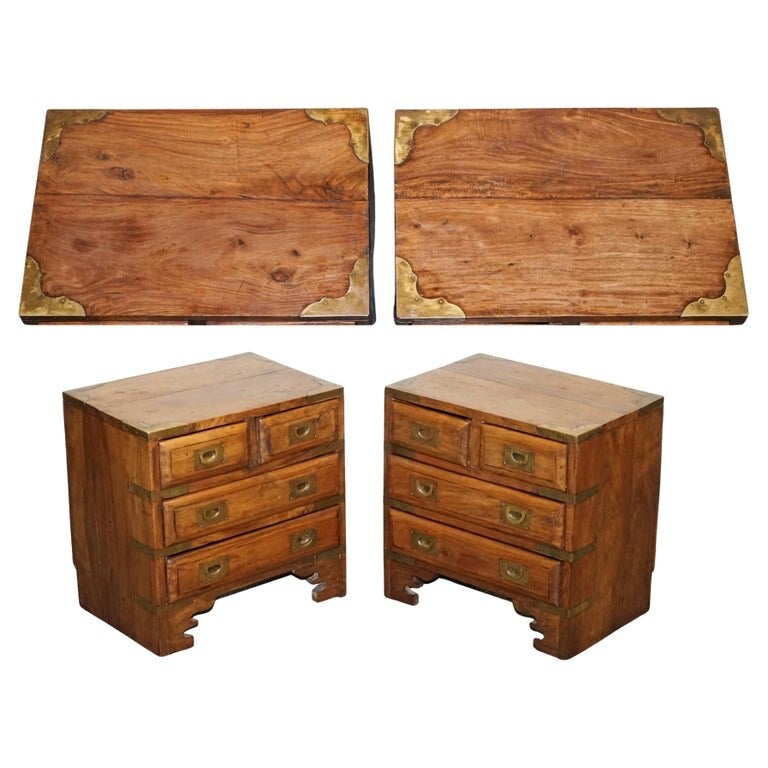 PAIR VINTAGE MILITARY CAMPAIGN BEDSIDE TABLES NIGHTSTANDS