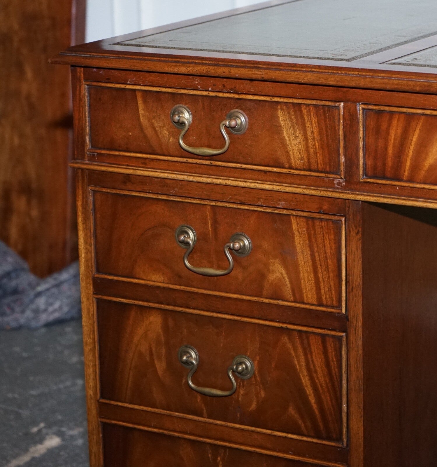 VINTAGE BEVAN FUNNELL SAGE BLUE GOLD EMBOSSED LEATHER TOP PEDESTAL DESK