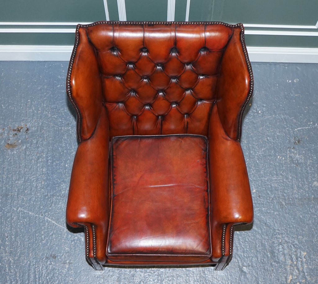 STUNNING PAIR OF BURGUNDY BROWN LEATHER HAND DYED WINGBACK CHAIRS