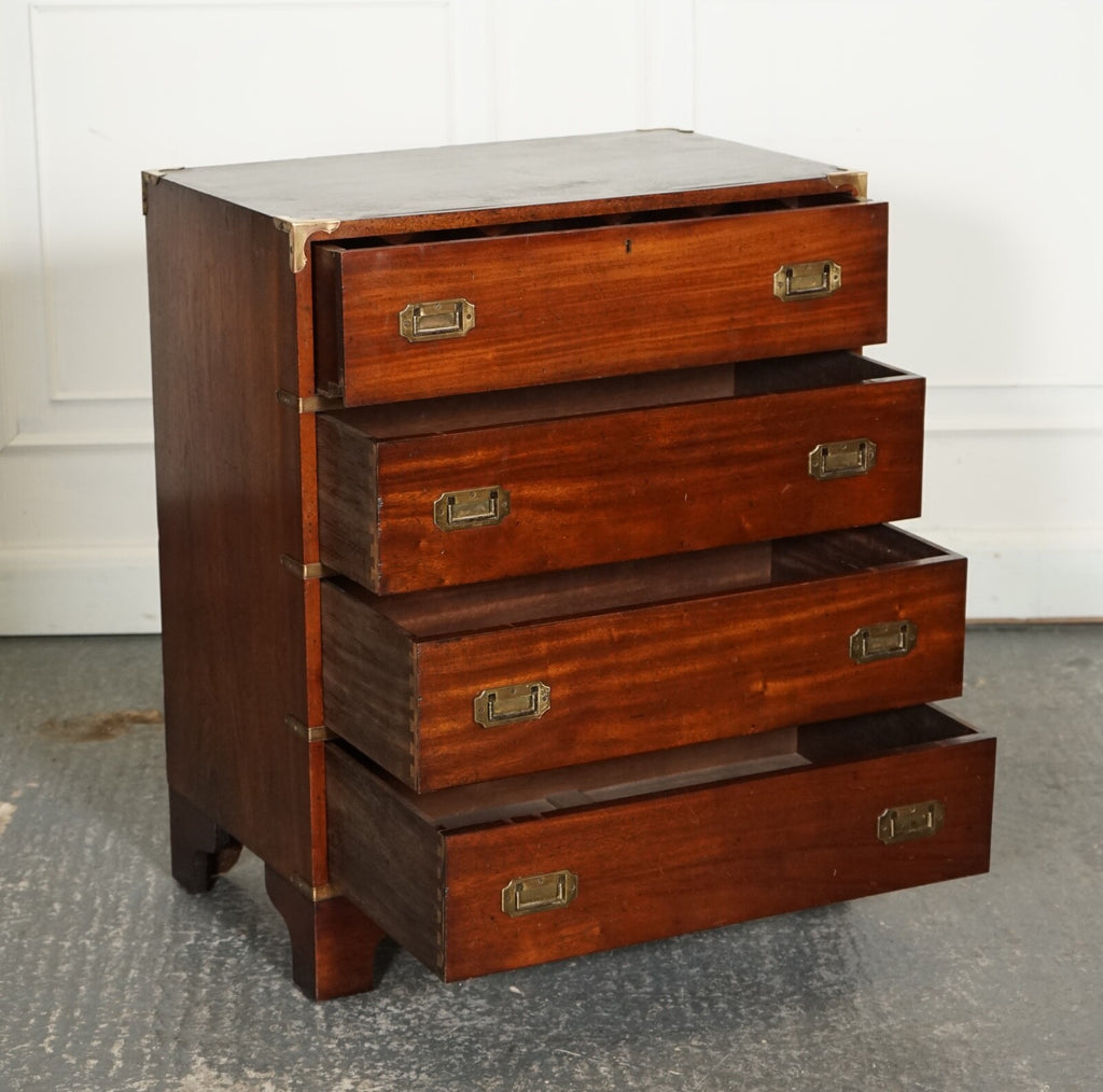 VINTAGE MILITARY CAMPAIGN SECRETAIRE CHEST OF DRAWERS WITH AGED GREEN LEATHER